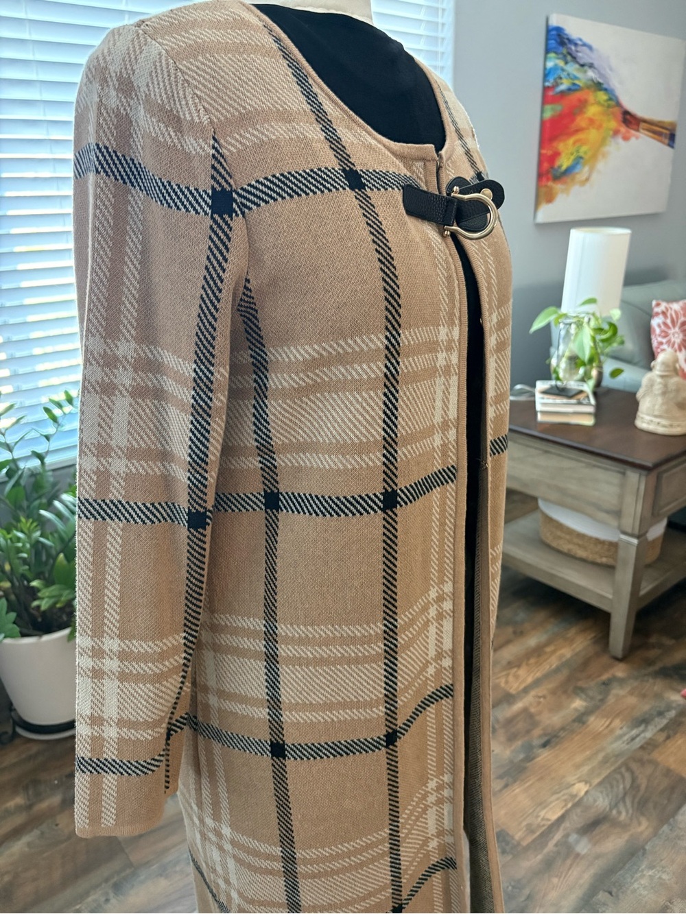 Anne Klein Camel Plaid Long Trench Coat with Hook Closure